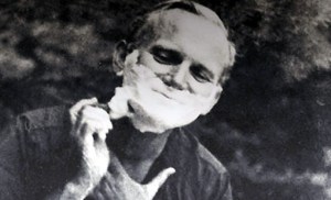 Fr. Karol Wojtyla shaving on a camping trip. 