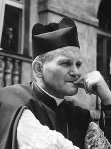 Bishop Wojtyla wearing the black beretta. 