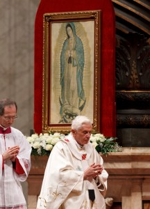 Pope Benedict XVI walks near an image of Our Lady of Guadalupe as celebrates Mass to mark the feast of Our Lady of Guadalupe in St. Peter's Basilica at the Vatican Dec. 12. During the liturgy the pope confirmed he will travel to Mexico and Cuba in the spring. (CNS photo/Paul Haring) (Dec. 12, 2011) See POPE-GUADALUPE Dec. 12, 2012.
