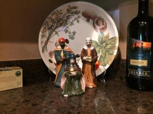 The Magi in my kitchen. A little sip of the vino might help them sleep better that week. 